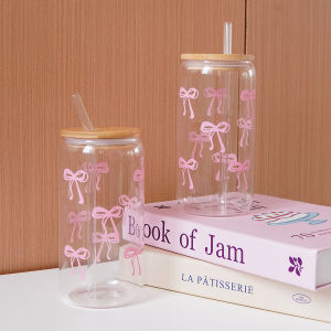 1/2/4/6Pcs Glass Bow Printed Glass Cup with Lid and Straw Exquisite High-End Bow Glass Cup for Home Decoration Family Daily Drinking Cup Outdoor Picnic Cup Party Cup Breakfast Milk Cup Gift Giving