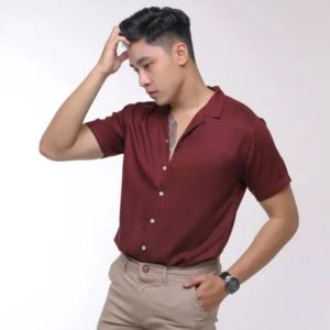kemeja panjang pria kemeja polos lengan panjang kemeja formal Kemeja Polos Lengan Pendek Slimfit Baju Kantor Katun Oxford Merah Maroon Casual Premium