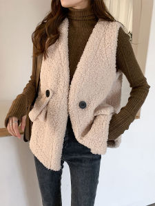 AMILUCK | Lamb Fur Vest Womens Loose Outerwear Sleeveless One-Piece Shoulder Bared Tank Top Jacket V-neck Button Detail Polyester