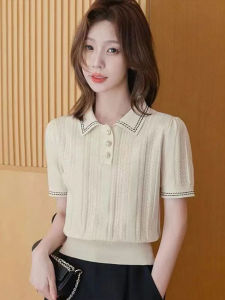 Classic Style Short Sleeve Polo Collar Cut Out Knitwear 2024 Summer New Arrival Loose Western Style Slimming Anti-Aging Top Women