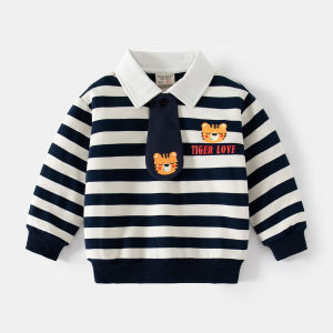 Cute Cartoon Tiger Print Long Sleeve Sweatshirt for Boys with Tie Neck Stripe Design Spring Autumn Kids Fashionable Clothes
