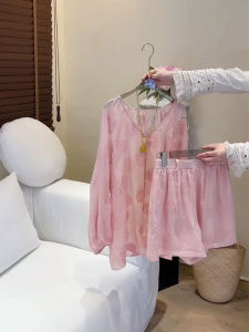 YUFUQING | Pink Embroidered V-neck Long Sleeve Sun Protection Shirt High Waist Short Pants Two-piece Set Women Summer Outfit Complete Set