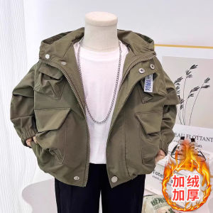 Boys Spring Autumn Hooded Jacket Cool Stylish Korean Style Baby Boys Workwear Windbreaker Coat Zipper Closure Solid Color
