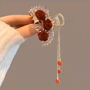 Korean Hair Clip - Red Flower Tassel Hairpin for Women Festival Half-Up Style
