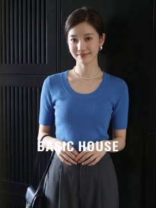 Basic House | Blue U-neck Wool Short Sleeve Summer Fitted Knitwear