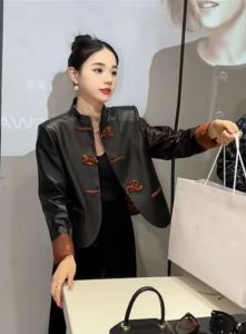 Chic Chinese Style Womens Jacket Black Leather Coat Button Detail Loose Fit Regular Length with Inner Lining Autumn Season