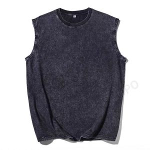 American High Street Worn Looking Washed-out T-shirt Mens Pure Cotton Vest Hiphop Popular Trendy Sleeveless Waistcoat Batik Craft