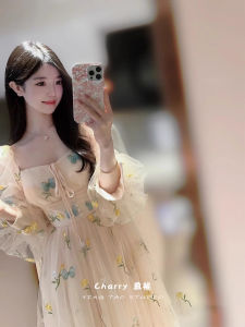 French Embroidered Tulle Bubble Sleeve Dress Women Spring Summer Gift Skirt Fluffy Princess Waist Cinched Long Dress