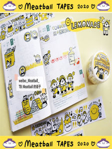 ริบบิ้นผ้าอิฐสไตล์ญี่ปุ่น Meatball Collaborative Edition Lemon Soda เรียบเรียงสีสันสดใส ลายลูกบอลเนื้อสัมผัส แผ่นลิปสติกแบบติดกระดาษ