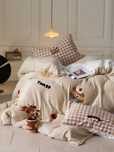 Cartoon Style Towel Embroidered Coral Fleece Bedding Set Four Pieces Autumn Winter Plaid Bed Sheet Cover Bed Canopy Bedding