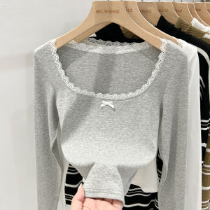 Pure Desire Lace Inner Wear Short Sleeve Long Sleeve Low Neck T-Shirt Womens Spring New Butterfly Knot Base Shirt Cotton Blend