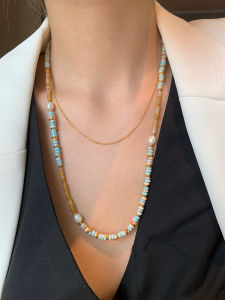 Natural Apatite Long Pearl Necklace Women Double Layered Stylish Luxury Feel Sweater Chain Fashion Jewelry Accessory