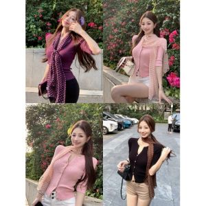 GUZILIAN | French Style V-neck Long Sleeve Slim Fit Knitted Top Women Summer Thin Polka Dot Silk Scarf Simple Design Commute Fashion