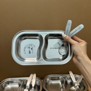 Food Grade 304 Stainless Steel Childrens Dinner Plate Baby Utensils Supplementary Food Partition Home Specialty Bowl Meal Plate