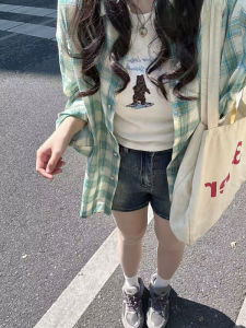 Áo Sơ Mi Nữ Dáng Rộng Dài Tay Kẻ Caro Màu Xanh Lá Cây Phong Cách Cổ Điển Áo Khoác Ngoài Mùa Hè Chất Liệu Cotton Chống Tia UV