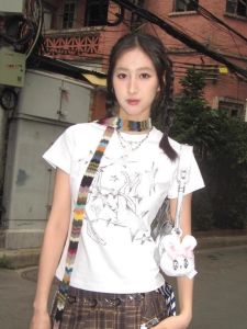 Áo Thun Cotton Tay Ngắn Cổ Tròn Phong Cách Đường Phố Mùa Hè in Họa Tiết Đi Làm Ôm Vừa Vặn Gợi Cảm Cho Nữ