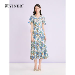YINER | Elegant V-Neck Print Dress