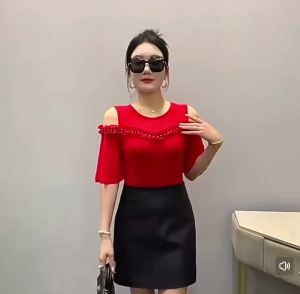 B93 Kerah Tumpuk Sabrina Wanita Grenadine Berlian Bahu Terbuka Dalaman Ramping