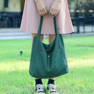 IELGY สไตล์เกาหลีเรียบง่ายกระเป๋าทรงสี่เหลี่ยมมีหูหิ้วสะพายไหล่ผู้หญิงกระเป๋าผ้าใบลำลองความจุมากอเนกประสงค์