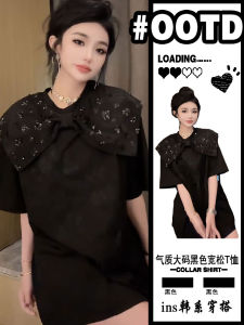 Korean Style Black Short Sleeve T-Shirt Womens Mid-Length Naval Collar Butterfly Knot Loose plus Size Top Summer Commute Style