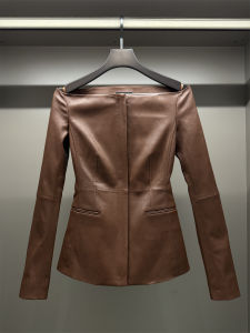 Elegant Slim Fit Sheepskin Leather Jacket Frosted Nubuck High Elasticity Street Style Long Sleeve One Shoulder Design Beautiful