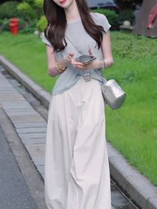 Shalldoer | Elegant Summer Womens Knitted Short Sleeve Hollow Out Back Button Wide Leg Pants Set Casual Style Round Neck T-Shirt Two-Piece Set