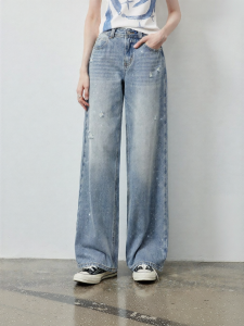 Toyouth | Quần Jeans Cotton Ống Rộng Đùi Cao Phối Kim Sa Rách Viền
