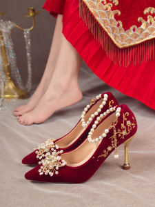 Red Engagement Wedding Shoes High Heel Thin Stiletto New Chinese Pregnant Womens Formal Wear Two-Purpose Bride Gown Shoes