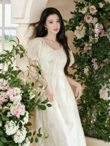 XIANGYING | Floral Embroidery Fitted Waist Pleated Puff Sleeve Womens Summer Dress White
