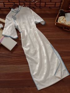 New Chinese Style Young Womens Qipao Dress Jiangnan Fu White Ancient Method Low Collar Large Sleeve Daily Elegant Long Qipao