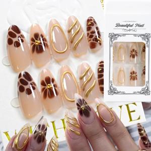 24pcs Luxury Gold Lines Leopard Flowers Fake Nails Nude French Almond Press On Nails with 3D Caviar Beads Wearable False Nailtip