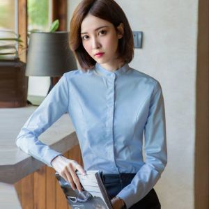 Elegant Stand Collar Shirt Womens Short Sleeve Hidden Button Design Formal Long Sleeve White Shirt Interview Workwear Business