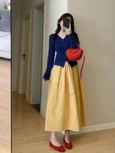 Korean Style High Waist Yellow A-Line Mini Skirt Womens Spring Autumn Trendy Elastic Waist Slimming Umbrella Skirt Long Dress
