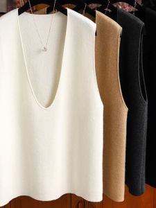 เสื้อกั๊กถักนิตติ้งคอวีแขนกุดผ้าขนสัตว์แท้สำหรับผู้หญิง สไตล์ลำลอง หลวมๆ ฤดูใบไม้ร่วง 2023 เสื้อคลุมกันหนาวแบบสวมหัว