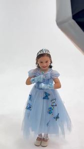 Kids Blue Cinderella Princess Dress Up Long Sleeve Tulle Party Outfit with Butterfly Decor Ideal for Christmas Birthdays Party