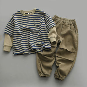 Cute Kids Pure Cotton Striped Fake Two-Piece Sweatshirt Soft Workwear Pants Loopback T-Shirt Cuffed Long Pants Spring Autumn Style