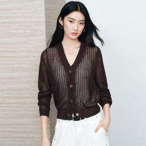 PEACEBIRD | V-Neck Lace Hollow Hem Knit Cardigan