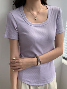 2024 New Fashion Short Sleeve Cotton T-Shirt for Women Casual Minimalist Style Slim Fit Sweater with Square Collar