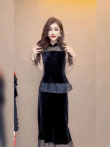 เสื้อยืดแขนกุดคอตั้งผ้ากำมะหยี่สไตล์ฝรั่งเศส สำหรับผู้หญิง ชุดชั้นในสีดำ ผ้าโปร่ง แขนกุด แขนกุด คอตั้ง แขนกุด คอตั้ง