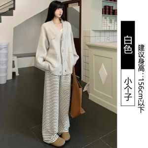 กางเกงขายาวทรงหลวมลายทางสีดำขาวสำหรับผู้หญิงไซส์เล็กฤดูใบไม้ผลิและฤดูใบไม้ร่วง ทรงหลวมสบายๆ กางเกงขายาวผ้าขนหนู