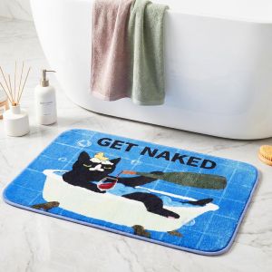 VIKAMA Funny Bath Cat Mat Black Kitty Relax In Tub With Wine Print Blue Tile Non Slip Fluffy Bathroom Entry Decor Rug