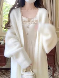 Korean Style Casual Soft Knit Sweater Womens Autumn Winter New Loose Faux Fur Long Coat Mid Length Long Sleeve V-Neck Cardigan