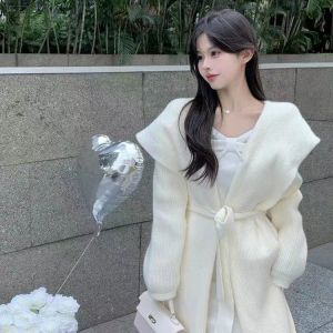 Hooded Knit Cardigan Wool Blend Womens Mid Length Long Length Loose and Lazy Style Large Lapel Sweater Outwear over the Knee Fall and Winter Thick