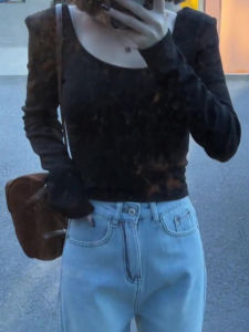 Áo Thun Nữ Tay Dài Cổ Vuông Dáng Ôm Ngắn Mùa Xuân Mới Về Chất Liệu Cotton Pha Trộn Thường Ngày Thời Trang Đường Phố