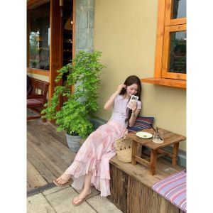 Chân Váy Đầm A-Line Mùa Hè Màu Hồng Phong Cách Handmade Dáng Không Đối Xứng