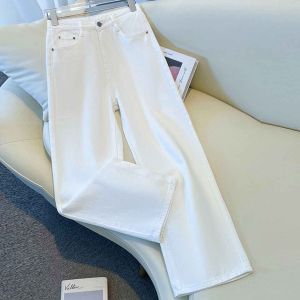 White Straight Leg High Waist Jeans Women plus Size Slimming Concealing Versatile Commute Casual Pure Color Autumn New Arrival