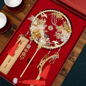 Red Double-Sided Finished Product DIY Materials Package Wedding Fan Bride Show He Fan Vintage Style Handmade Home Decor