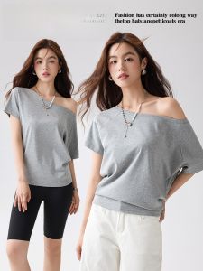 Miiow | Gray Asymmetrical Shoulder T-Shirt Womens Summer Loose Short Sleeve One-Shoulder Casual Feeling Versatile Lazy Style Top