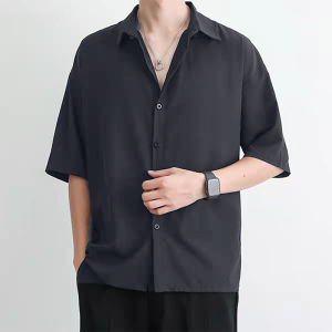 Áo Sơ Mi Nam Mùa Hè Dáng Rộng Tay Ngắn Màu Trơn Cổ Polo Thường Ngày Chất Liệu Polyester Phong Cách Retro Đa Năng