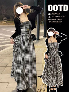 French Elegant Plaid Strapless Dress Women Summer 2025 New Beach Vacation Long Dress Sweet Spicy Set Princess Style Long Sleeve